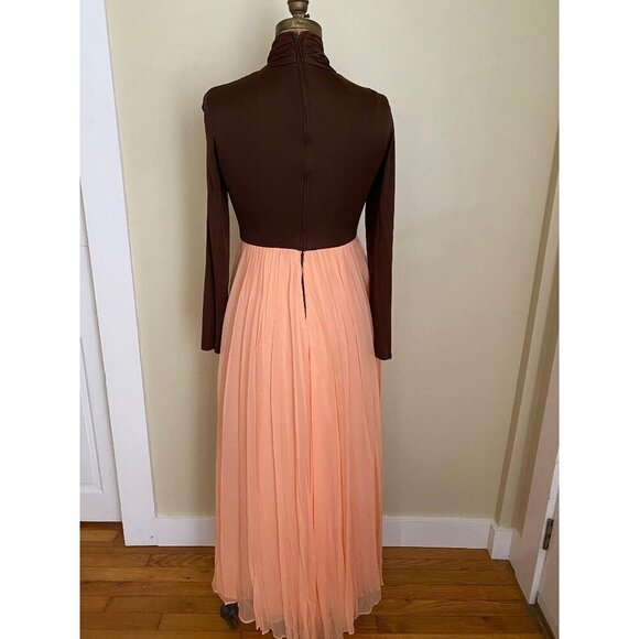 Vtg 2 Piece Long Formal Dress and Bolero Jacket Set, Brown and Peach Chiffon - Picture 6 of 10